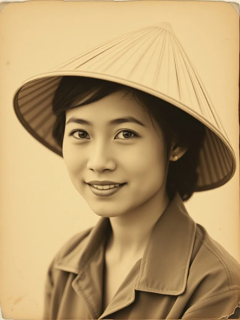 Ảnh nâu sepia của một cô gái đội nón lá